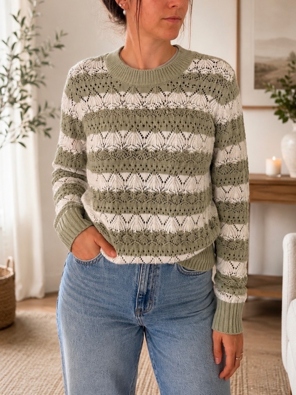 Boho Open Knit Pullover Sweater | Sage Green + Ivory | Medium